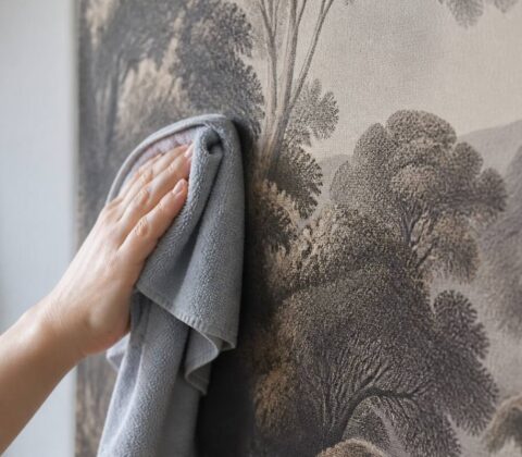 Iemand reinigt fotobehang voorzichtig met een zachte, licht vochtige microvezeldoek