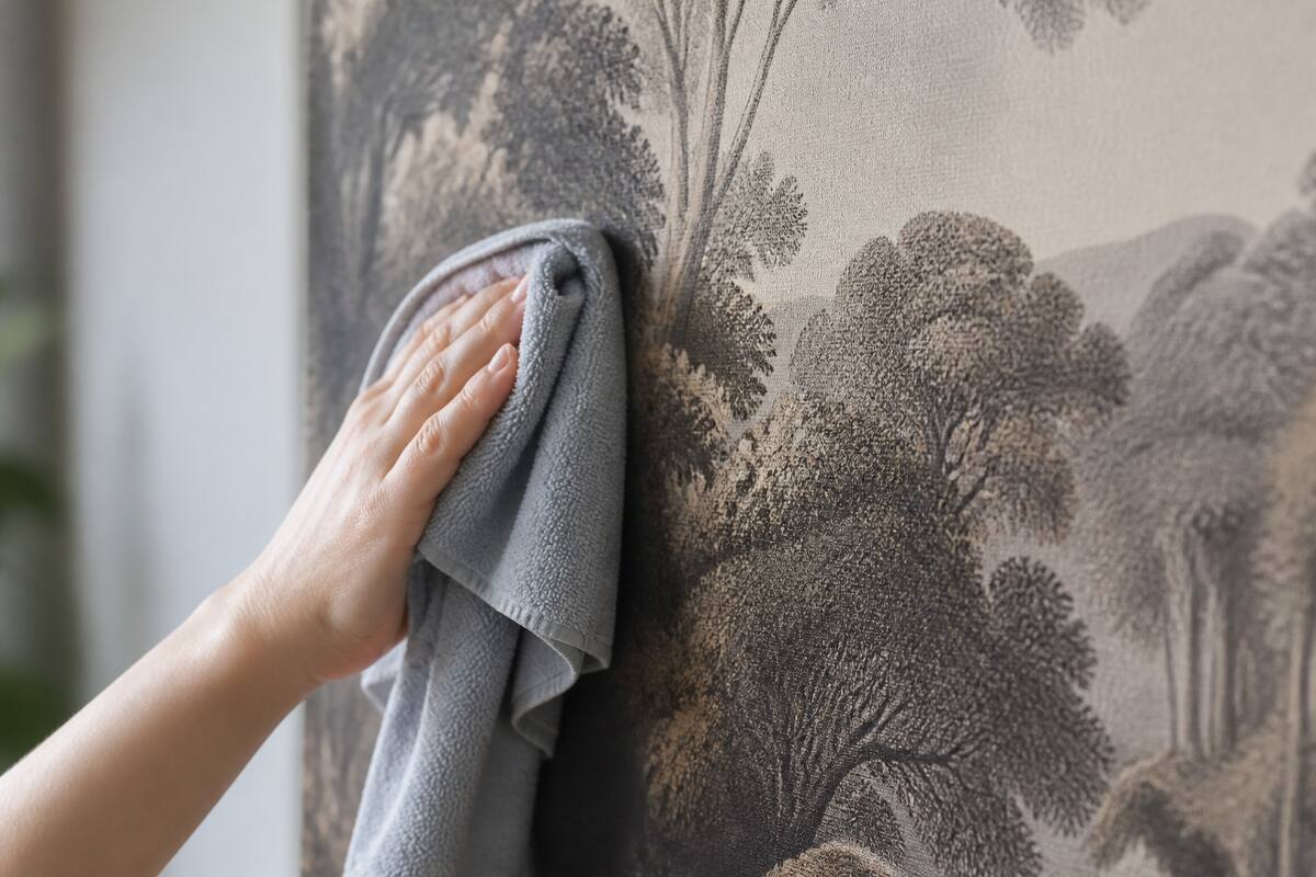 Iemand reinigt fotobehang voorzichtig met een zachte, licht vochtige microvezeldoek