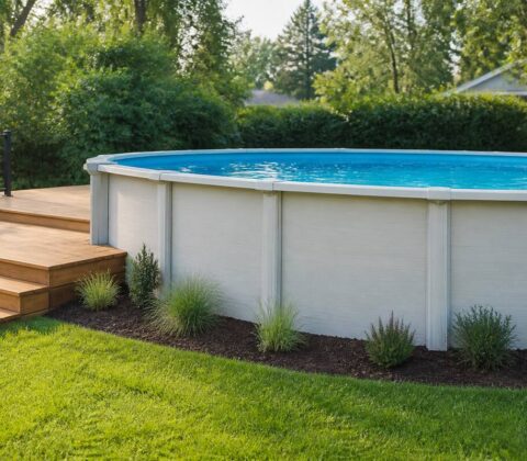Een modern zwembad in een verzorgde tuin met een houten terras en grasveld
