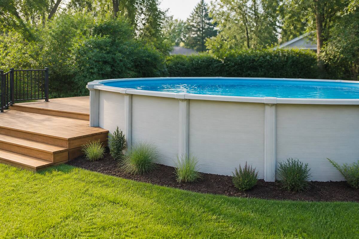 Een modern zwembad in een verzorgde tuin met een houten terras en grasveld