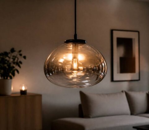 Glazen hanglamp met warm licht in een moderne woonkamer