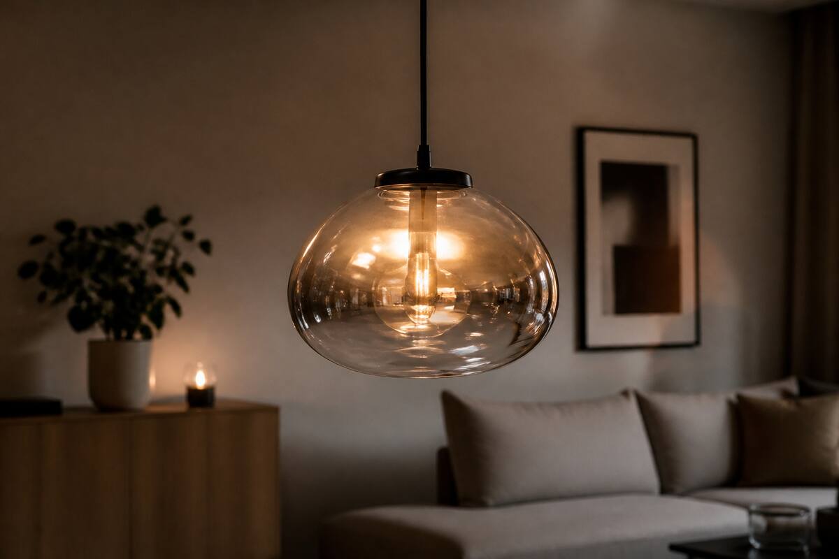 Glazen hanglamp met warm licht in een moderne woonkamer